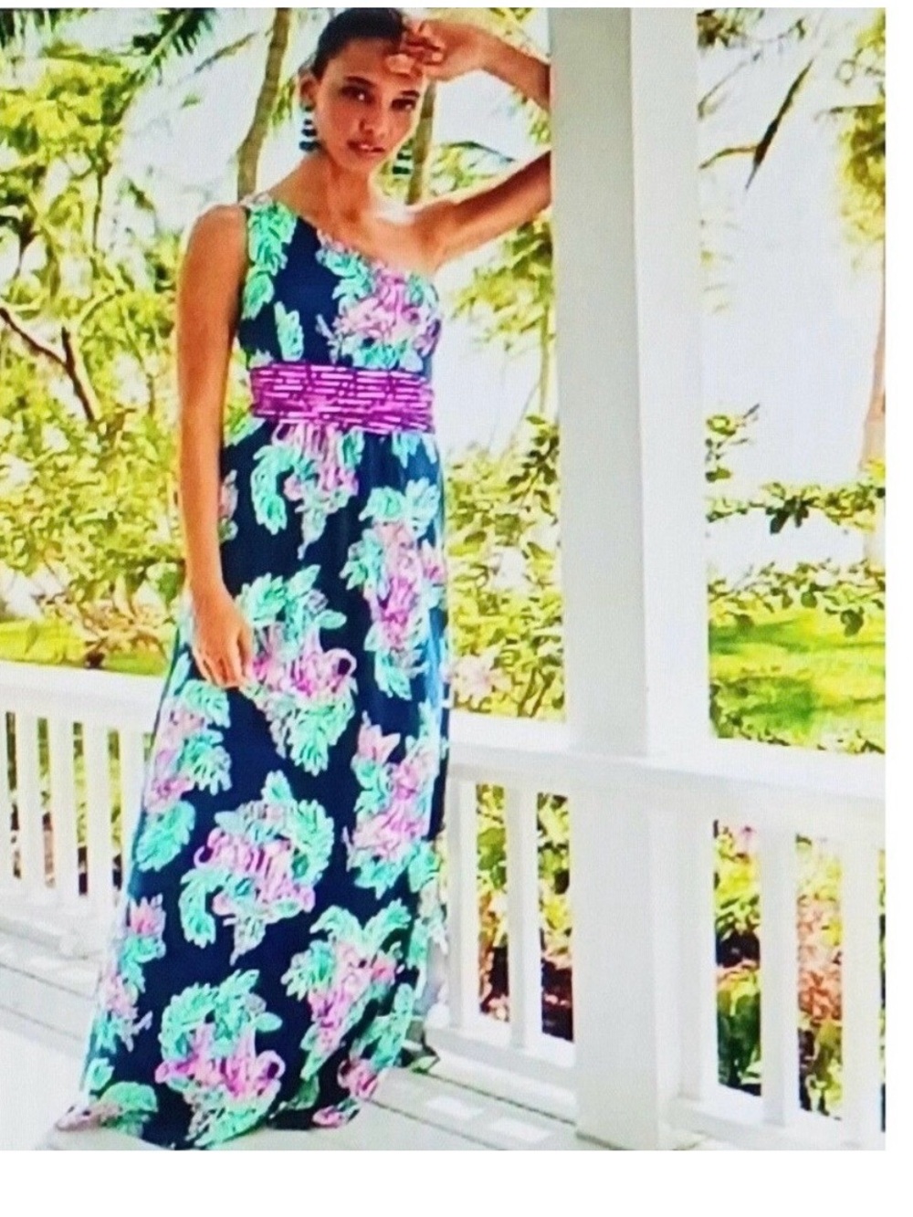 Lilly Pulitzer Navy Floral One-Shoulder Maxi Dress with Pink Accents